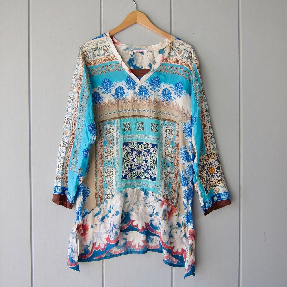 Johnny Was Teal Blue Multicolor Printed Silk Tunic